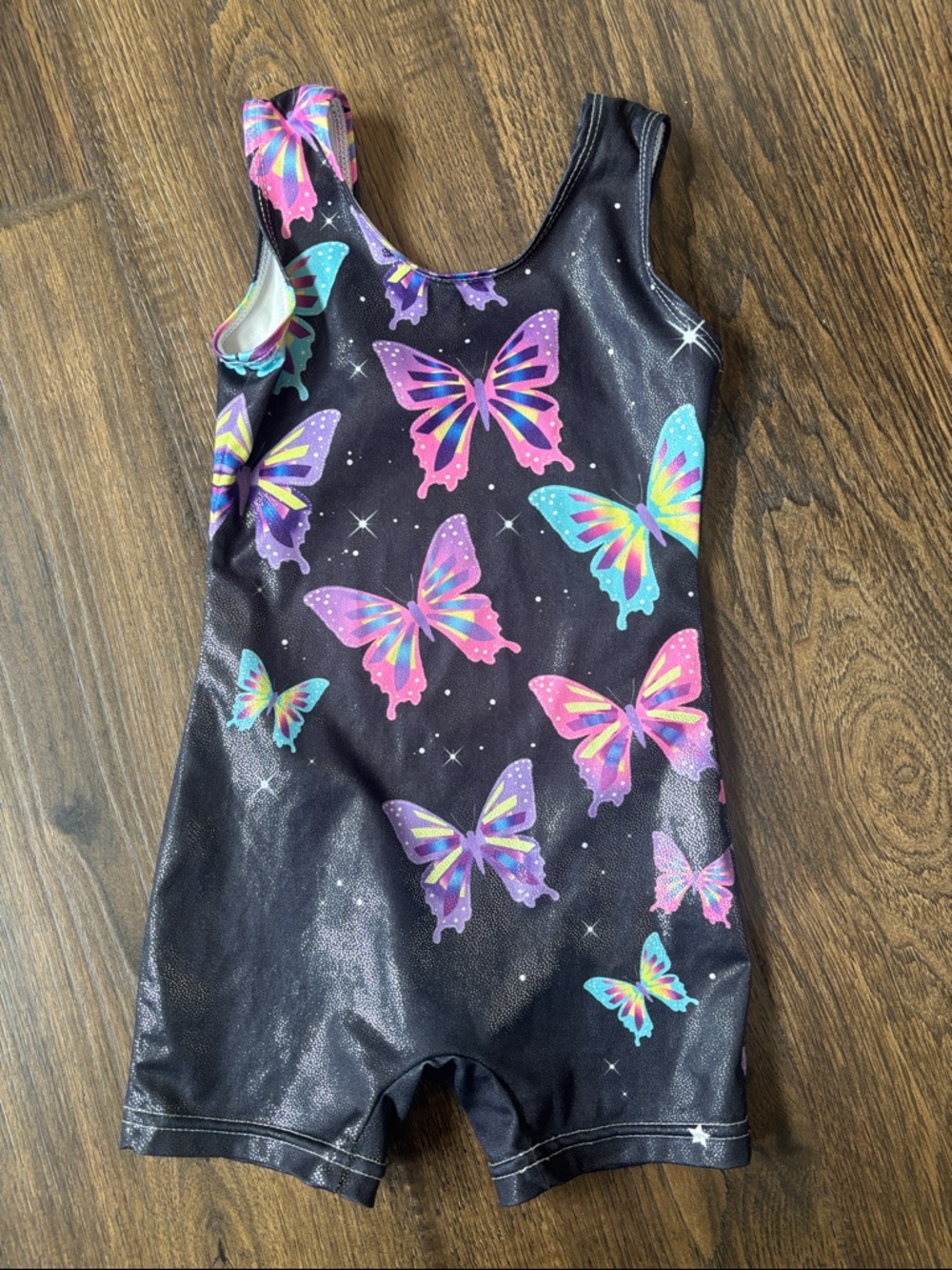 Girls Black Shimmer Butterfly Print Leotard Romper